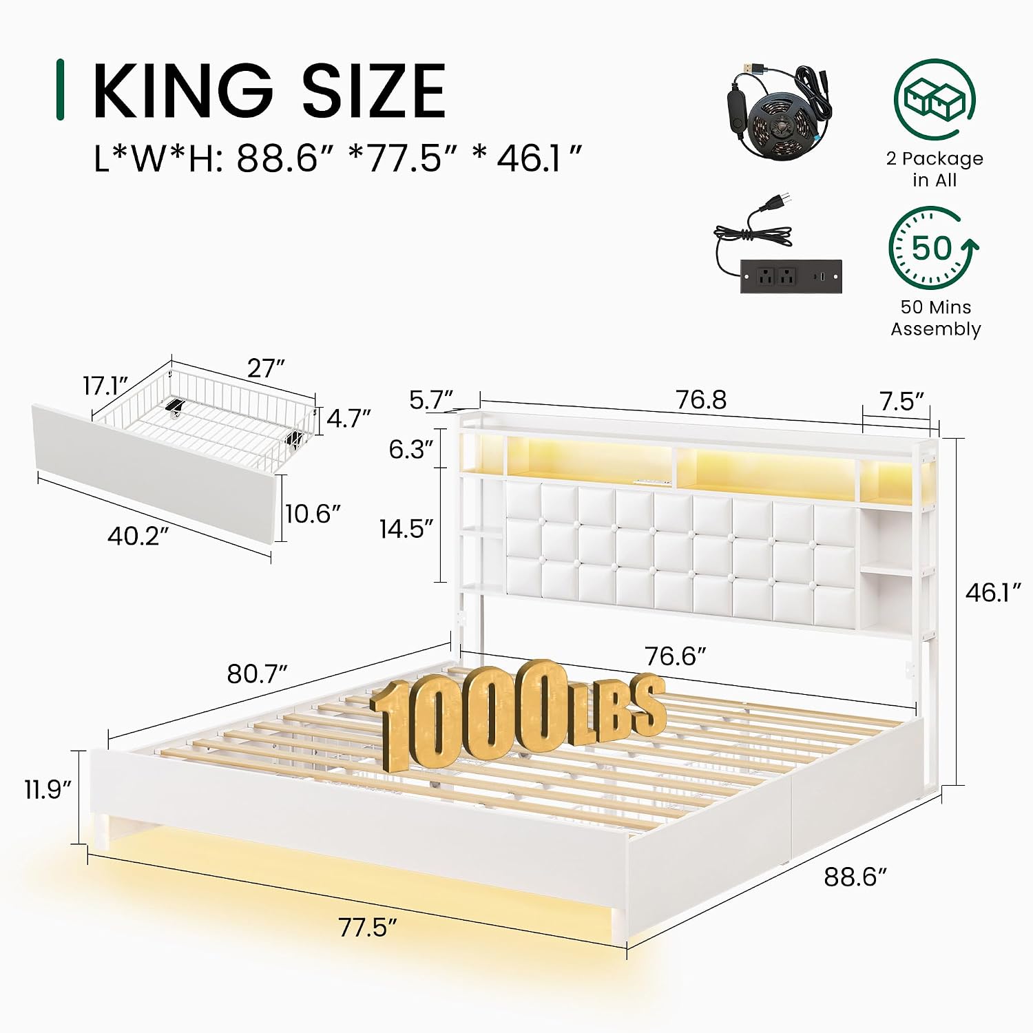 King Size Bed Frame With Storage Drawers - Rama łóżka drewniana w rozmiarze king