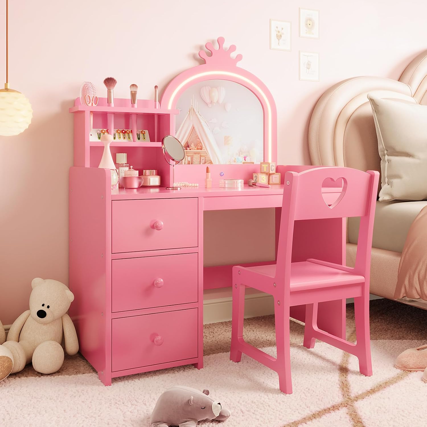 Dressing Table Vanity With Lighted Mirror - Dziecięcy toaletka z podświetlanym lustrem, różowy,