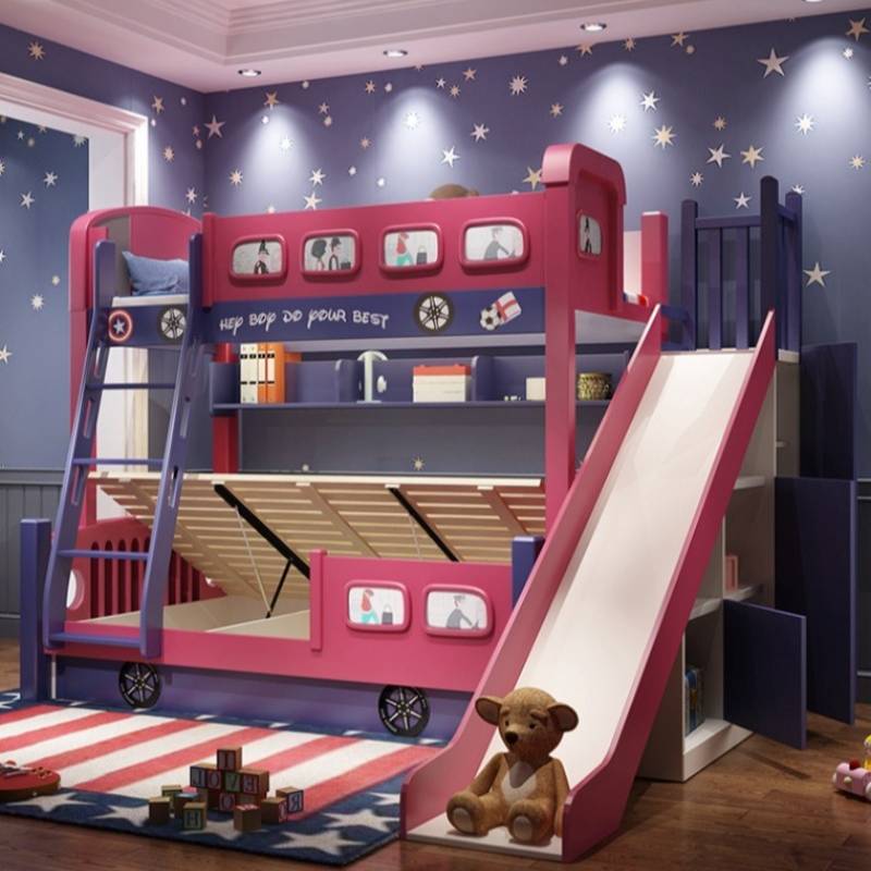 Bunk Bed With Stairs And Slide - Nowoczesna łóżko dla dziewczynki z ramą,