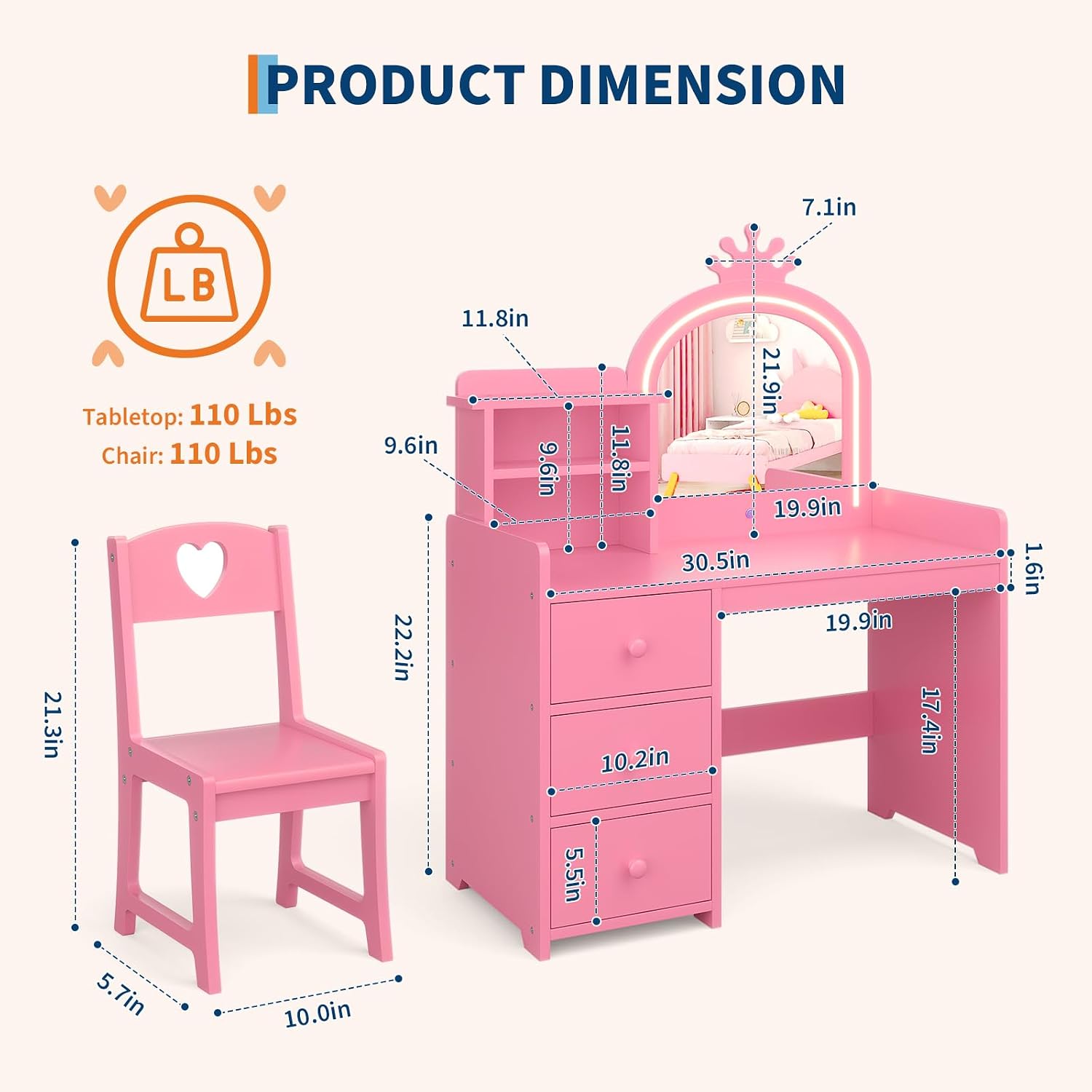Dziecięcy toaletka z podświetl – Dressing Table Vanity With Lighted Mirror recenzja i cena