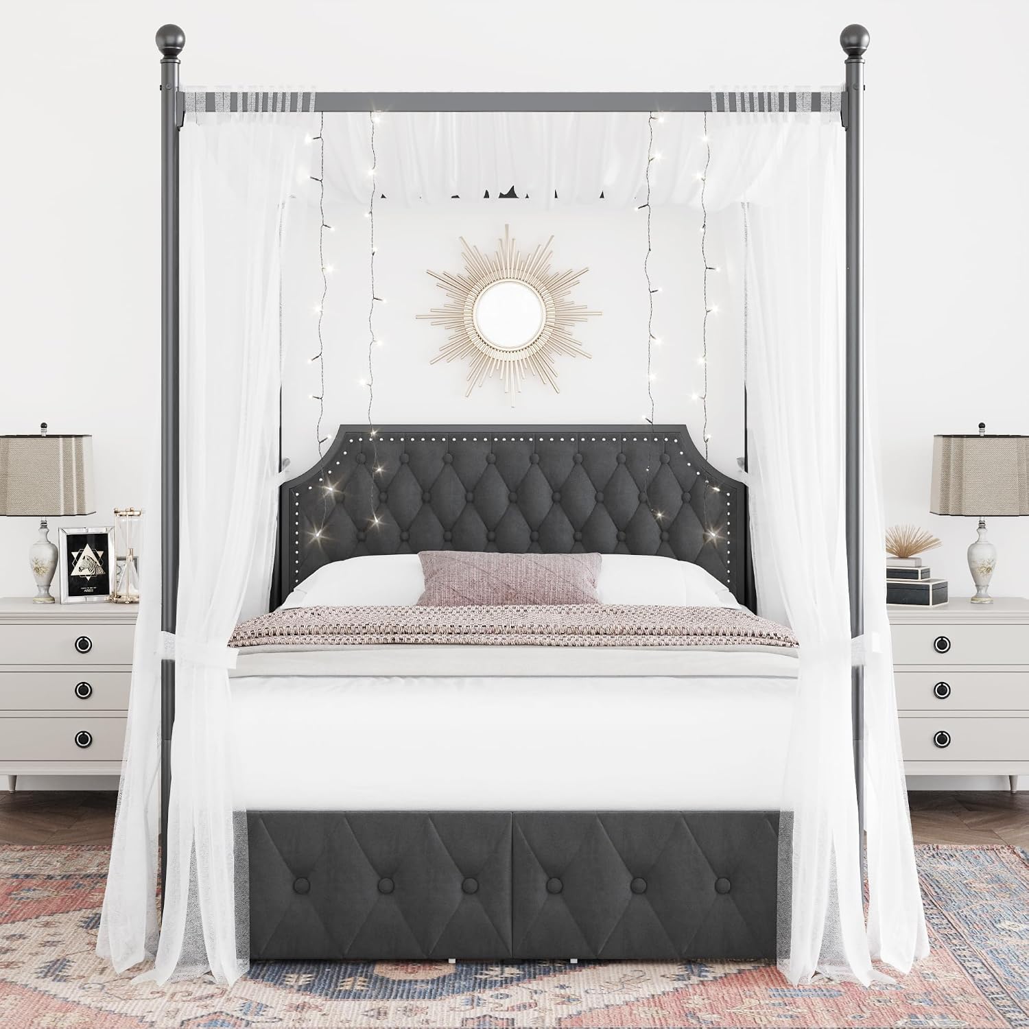 Rama łóżka z baldachimem, szuf – Canopy Bed Frame Metal Queen recenzja i cena
